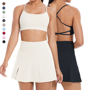 7112+7115 Set Pakaian Tenis Wanita Bernapas, Pakaian Yoga Fitness Dua Potong, Bra Tali Silang, Rok Tenis Skort - Product Image 1