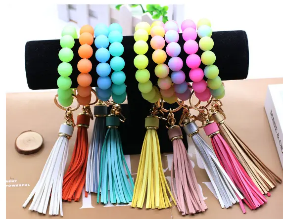 Christmas Gift Glow Silicone Bead Keychain Fluorescent Bracelet Beaded Tassel Creative Wrist Bracelet Keyring