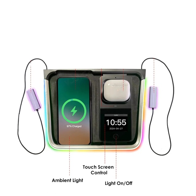 ICREATIVE Dynamic Ambient Light ABS Tesla Model 3/Y Wireless Fast Charger Date/Time Display 2024 Black Silver Tide Wraparound