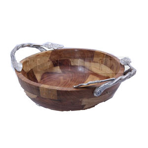 Bol de service en bois naturel en laiton, garniture de feuilles d'or panier d'accent fruits, pot-pourri vivant, table de salle à manger maison - Product Image 2