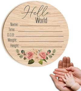Annunci di nascita del bambino da 17cm segno di legno ciao ritagli rotondi del mondo per il nome del neonato e dettagli di nascita - Product Image 2