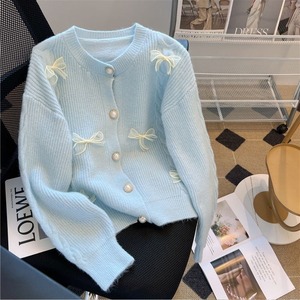 <span class=keywords><strong>Cardigan</strong></span> a maniche lunghe lavorato a maglia da donna 2025 maglia autunno inverno coreano rosa <span class=keywords><strong>blu</strong></span> con fiocco 2927 # - Product Image 3
