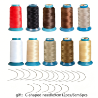 Fil à tisser les cheveux avec aiguilles en C, 1500 yards, force 210D, fil en polyester pour la confection de perruques, kit d'extensions capillaires