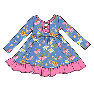 Vestito per Bambina con Stampa a Foglie e Maniche Lunghe in Seta di Latte con Fiocco sul Retro e Tulle - Product Image 2