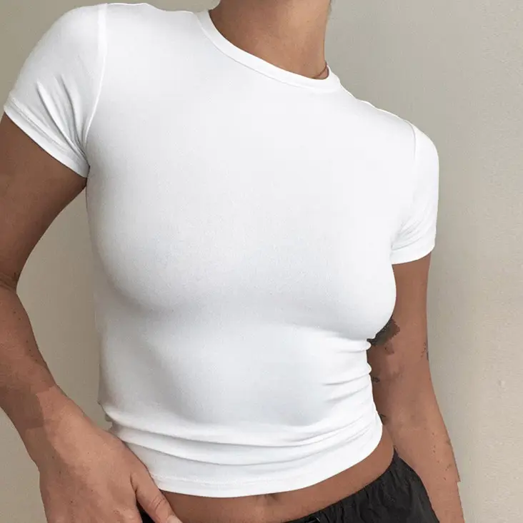 2024 Thời Trang Phụ Nữ Của T-Shirts Mùa Hè O Cổ Trống T Áo Sơ Mi Ngắn Tay T-Shirt Nữ Chặt Chẽ Sexy Đơn Giản Đồng Bằng T Áo Sơ Mi