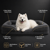 Canapé-lit pour animaux de compagnie en velours à trois côtés, mousse haute résilience, rembourrage en coton PP, bordure dorée, housse lavable, antidérapant, orthopédique, toutes saisons, OEM