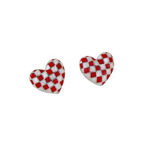 Heart Shape Enamel Clip-On <b>Earrings</b> In Red Green Black Checkered Pattern For Women Gift Fashion Jewelry - Product Image 5