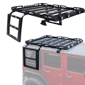 le-star 4X4 Car Roof Rack with LED Light Ladder Luggage Rack Mount Kit Cargo Basket for Wrangler JK JKU JL Gladiator