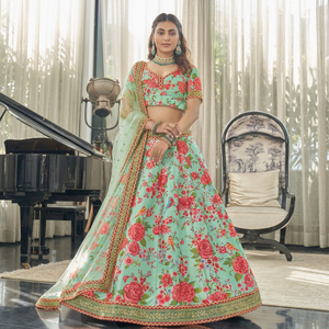 Mint Green Floral Printed Short <b>Top</b> Lehenga Choli Art Silk Semi-Stitched Wedding Outfit with Dupatta for <b>Bride</b> Festival Wear - Product Image 1