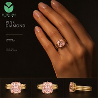 Bague de fiançailles pour femme Better Star en or 14 carats avec diamant rose de laboratoire taille coussin, solitaire à 4 griffes, triple alliance superposée, certifiée IGI