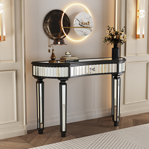 Half Moon Mirrored <b>Console</b> <b>Table</b> 47 Inch Fluted Glass Crystal Knob Drawer <b>Silver</b> Entryway Vanity Desk Bedroom Dressing - Product Image 3