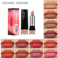 Lipstik Velvet Tunggal YOUNG VISION Ukuran Reguler, Tidak Lengket, Hasil Matte, 12 Warna, Harga Terjangkau, Portabel untuk Riasan Sehari-hari