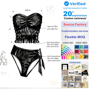 Costume da bagno OEM: Top a fascia <span class=keywords><strong>senza</strong></span> <span class=keywords><strong>spalline</strong></span>, slip brasiliano a vita alta con taglio a V, set <span class=keywords><strong>bikini</strong></span> arricciato personalizzato da donna a vita alta - Product Image 1