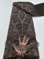 NI.AI Nouveau design Tissu en dentelle de tulle à maille ultra-lourde, bleu roi, perlé, à sequins, à franges de paon et à pompons