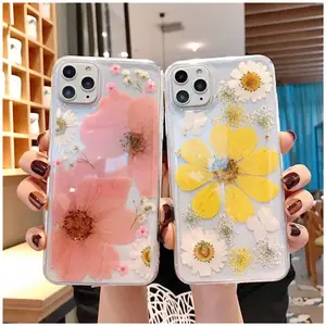 Real flowers phone case for iPhone 11 pro clear gel silicone luxury pressed glitter flower