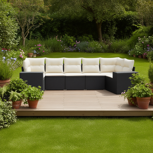 Ensemble de canapés en rotin d'extérieur moderne noir avec coussins crème, mobilier de jardin imperméable au design contemporain - Product Image 2