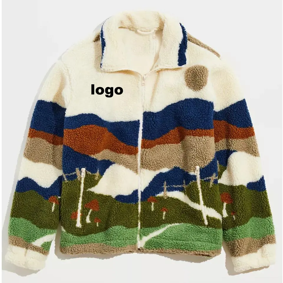 Sherpa Fleece Jacket Winter Custom Wholesale Zip Up Turn Down Collar Puffer Jacket