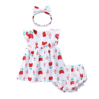 Ensemble de vêtements pour bébé fille Summer Infant en coton, sans manches, col rond, imprimé fraises, robe et short, 3 pièces