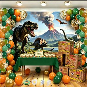 Kit de Globos Personalizado con Temática de Dinosaurios, 105 Globos, Fondo, Cajas de Dinosaurios, Mantel y Guirnaldas de Selva para Fiestas de Cumpleaños Infantiles - Product Image 1