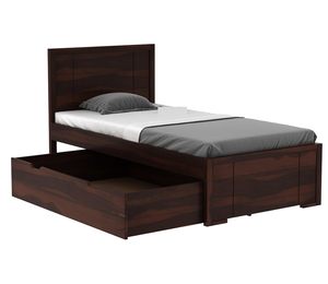 Premium Dark Walnut Finish Wooden <b>Single</b> <b>Bed</b> with Pull-Out Drawer <b>Storage</b> Modern Solid Wood <b>Bed</b> Frame with Panel Headboard - Product Image 4