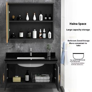 Mueble de baño de aluminio de espacio inteligente Simple y moderno, lavabo de inodoro integrado con tablero de <span class=keywords><strong>roca</strong></span> con <span class=keywords><strong>espejo</strong></span> LED de lavabo de cerámica - Product Image 3