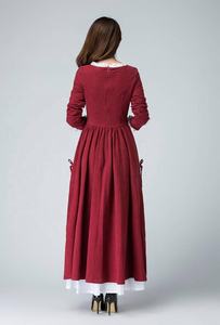 Robe en lin écologique à volants, couleur bordeaux unie, à bretelles, taille basse, coupe évasée, pour soirée, avec une belle fente latérale, pour femmes - Product Image 6