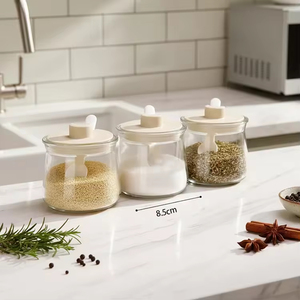 <span class=keywords><strong>Set</strong></span> di 3 Barattoli in Vetro per Condimenti, Portatili, Senza BPA, con Cucchiai e Coperchi, 300ml, Design Moderno, Contenitori per Sale e Pepe, Uso in Cucina - Product Image 1
