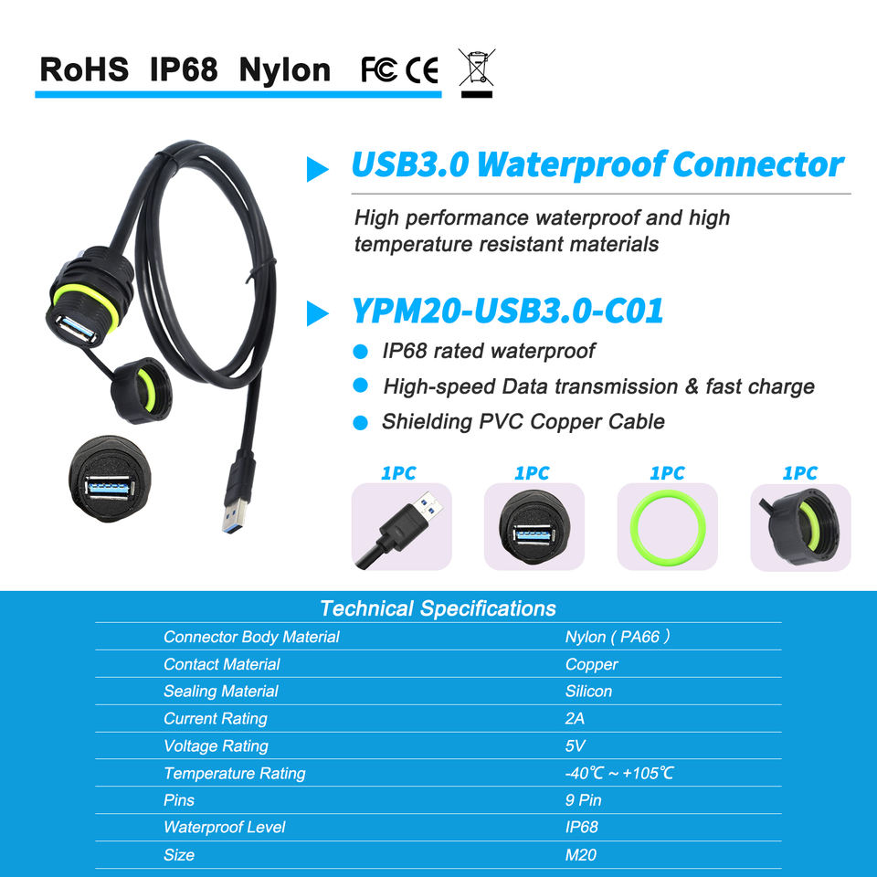 IP68 Waterproof USB 3.0 Flush Panel Mount Pass Through Connector Female to Male Extension Cable