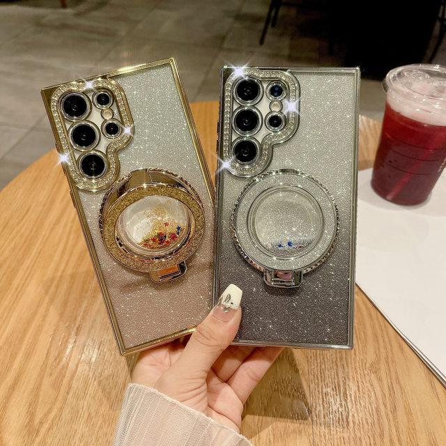 Folding Bracket Liquid Quicksand Glitter Diamond Case for Samsung Galaxy S22 S23 Plus S24 Ultra Wireless Charging Magnetic Cover