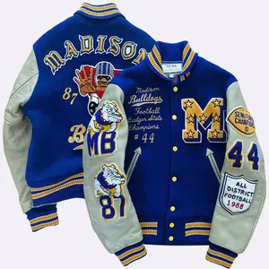 OEM Custom logo Striped patchwork blue jacket serie men full custom wool leather sleeves varsity jacket custom varsity jacket