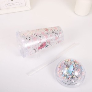450ml Kawaii Unicorn Cat Print Double Wall <b>Plastic</b> Tumbler with <b>Straw</b> Dome Lid Pom Pom Beads & Pink Cat Figurine for Girls - Product Image 6