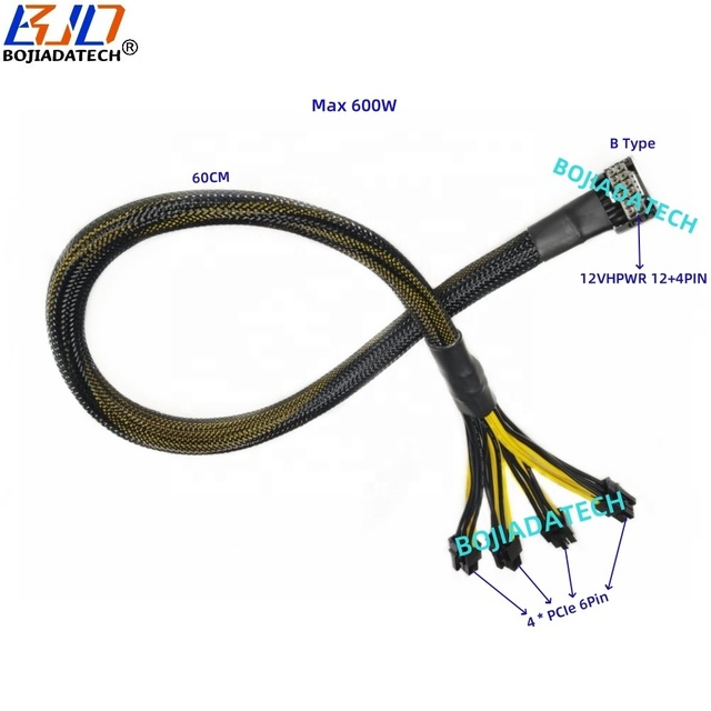 Factory Wholesale PCI-E 5.0 600W ATX 3.0 12VHPWR 16PIN 12+4PIN to 4 * PCIe 6PIN Male Power Supply Extension Cable 16AWG 60CM