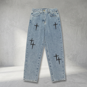 Jeans pour hommes à jambes larges et amples, style streetwear 2023, mode coréenne, denim décontracté, pantalon cargo, imprimé bleu - Product Image 3