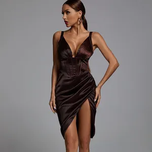 Gaun Mini kerah V dalam wanita, gaun pesta elegan kasual Satin belahan coklat warna polos leher V dalam mewah untuk wanita
