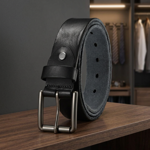 B.S International, ceinture en cuir de vache véritable noir, boucle à ardillon en acier carrée, logo personnalisé imprimé, style vintage pour homme, imperméable - Product Image 1