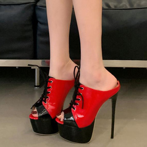 Sandales sexy pour femmes à talons hauts extrêmes et plateforme épaisse, style patchwork, bout ouvert, à lacets sur le devant, pour soirée et danse - Product Image 1