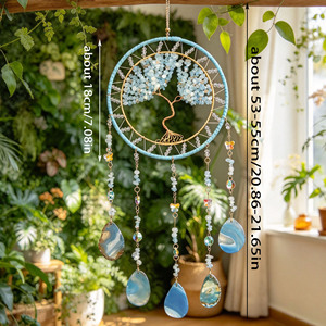 Venta al por mayor de colgantes de atrapasueños y campanas de viento artesanales de alta estética con chips de piedra, rodajas de ágata y árbol de la vida; para el hogar. - Product Image 5