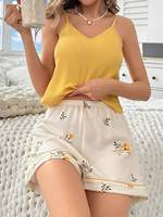 Ensemble pyjama deux pièces en tissu doux tissé, couleur unie imprimée, avec caraco et short, pour femme, idéal pour l'été – Vente en gros usine