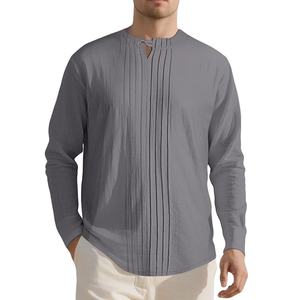 Customized Men's Linen Casual <b>Long</b> <b>Sleeve</b> Pleated Front <b>T</b>-<b>Shirt</b> <b>Button</b> Henley Collared Loose Pullover <b>T</b>-<b>shirt</b> - Product Image 5