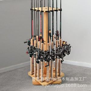 Support de rangement pour cannes à pêche en bois, sur pied, rotatif, en bois massif, pour cannes et filets - Product Image 2