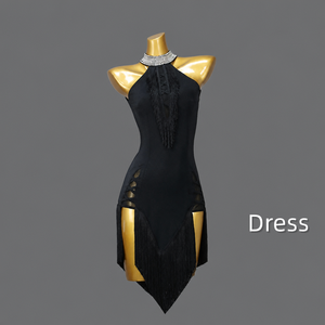 Robe de <span class=keywords><strong>danse</strong></span> latine noire à franges, col montant, dos nu, asymétrique, mini-robe pour concours et spectacle - Product Image 5