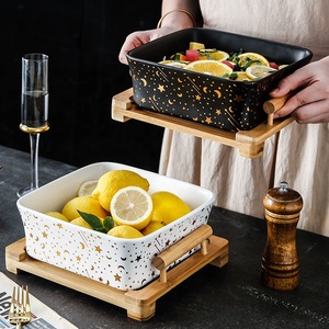 Nordic Modern <b>square</b> Marble Stone Fruit and Vegetable Salad Wooden Frame Ceramic Storage Bowl - Product Image 3