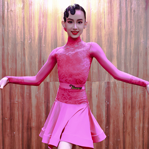 Robes de danse latine Vennystyle pour femmes et enfants, costume de compétition, col haut, <span class=keywords><strong>jupe</strong></span> à armature, dentelle, maille, manches longues - Product Image 5