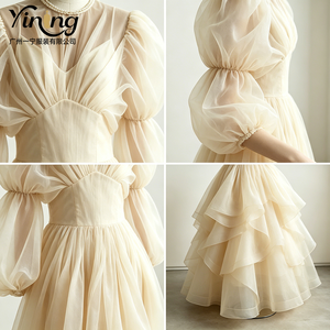 <span class=keywords><strong>Abito</strong></span> Elegante su Misura in <span class=keywords><strong>Organza</strong></span> di Seta a Maniche Lunghe, Traspirante e Confortevole per l'Estate, Servizio OEM - Product Image 4