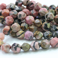 Perles en vrac de coupe de diamant de pierre précieuse de rhodochrosite de rayure noire ronde naturelle à facettes 15.5"