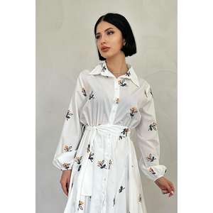 Wholesale Mustard Embroidered <b>Handkerchief</b> Dress Natural Waist Turn-down Collar Floral Print Shirt Dress Breathable Casual - Product Image 2