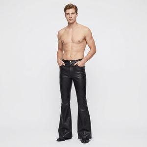 Pantalon évasé pour homme en cuir véritable noir à taille haute avec rivets décoratifs, fermeture éclair, style gothique, pour l'automne - Product Image 1
