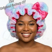 Bonnet de nuit en peluche coton doux de 35 cm avec oreilles, doublure en satin rose, protection pour cheveux bouclés, double couche, pour femmes
