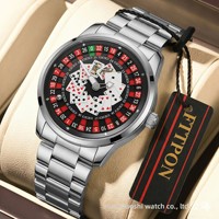 Montre à quartz pour homme, bracelet en acier inoxydable, cadran lumineux, résistante à l'eau 30M, design roue de roulette de casino, style tendance