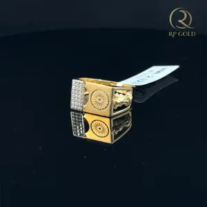 Elegant gold <b>mens</b> <b>ring</b> with diamond studded panel and detailed engraved design perfect for wedding or special occasion wear - Product Image 2